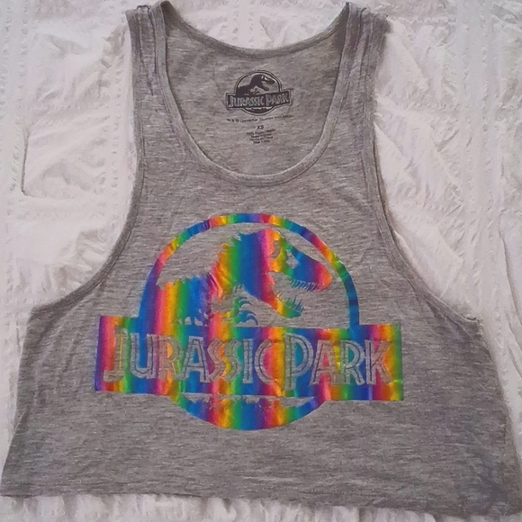 Jurassic Park Racerback Cropped Tank Top with Reflective Neon Rainbow Design - Picture 3 of 4